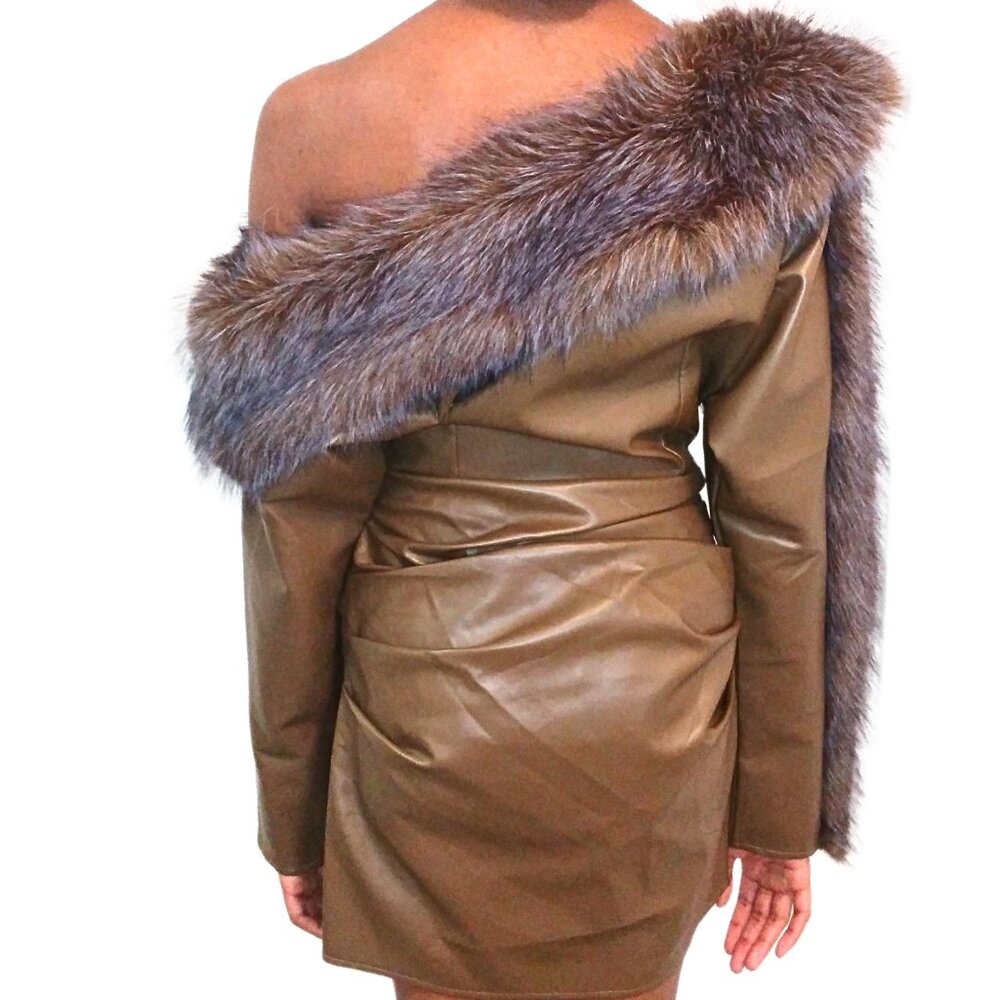WOMEN'S TAUPE OFF THE SHOULDER BROWN AND GRAY FAUX FUR SHIRT DRESS - XXS - Picture 5 of 8
